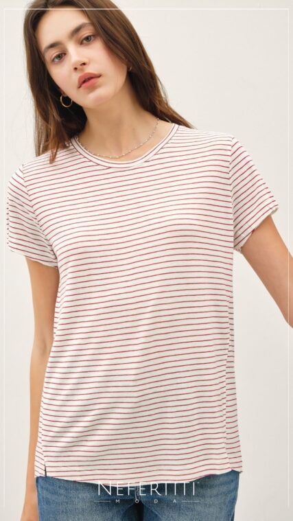 Blusa rayas manga corta Blanco Rojo T16613