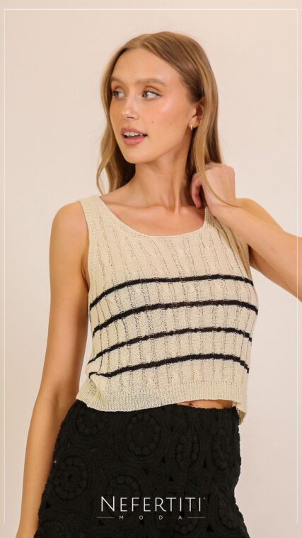 Blusa tirante ancho tejida rayas Marfil Negro T16488