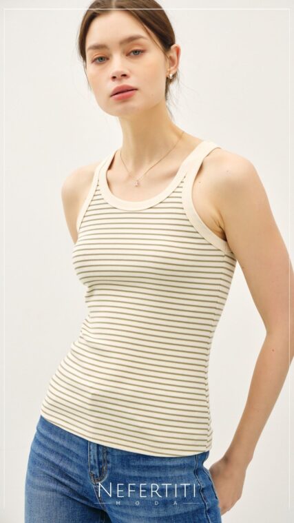 Blusa sin manga rayas Beige Oliva T16640