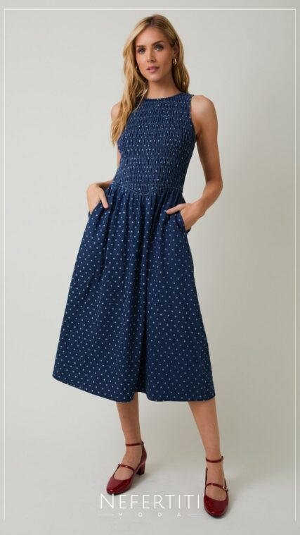 Vestido sin manga maxi puntos Azul Oscuro D7154