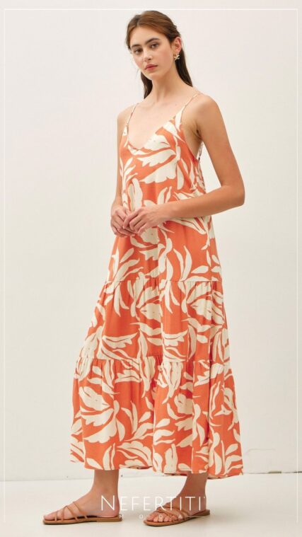 Vestido maxi hojas abstractas Naranja Quemado D7214