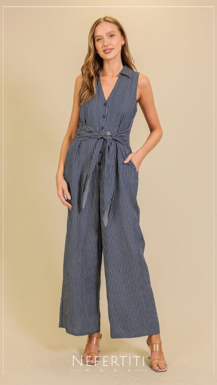 Enterizo largo sin manga rayas Azul Blanco D7148