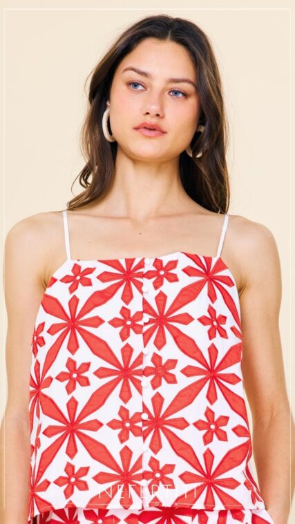 Blusa botones flores bordadas Blanco Rojo T16573