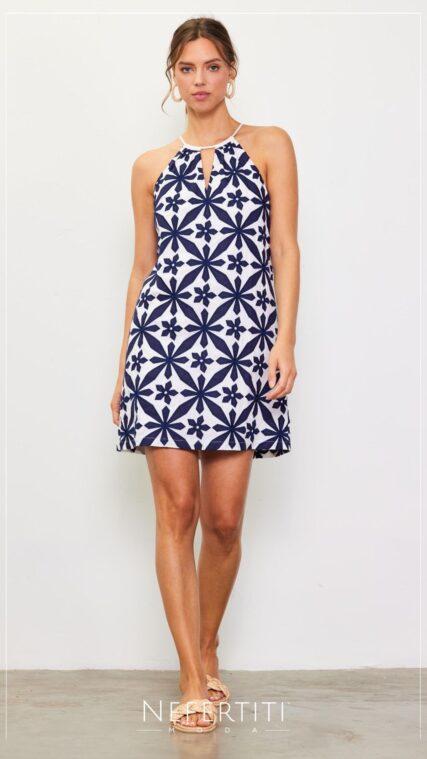 Vestido corto flores bordadas Blanco Azul D7161