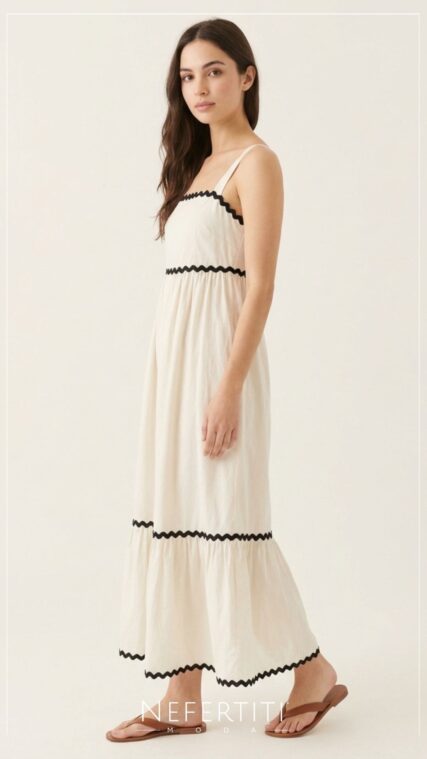 Vestido maxi ribete Crema Negro D7169