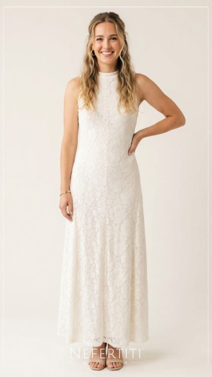 Vestido maxi cuello alto encaje Crudo D7173