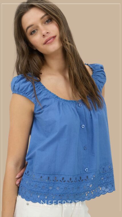 Blusa sin manga botones encaje Azul T16550