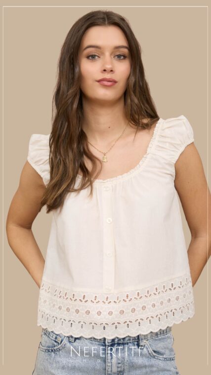 Blusa sin manga botones encaje Beige T16544