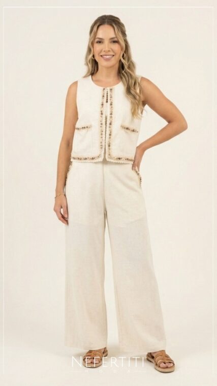 Conjunto Blusa y pantalon bordado Avena D7187