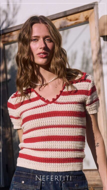 Blusa tejida cuello franjas Rojo Beige T16698