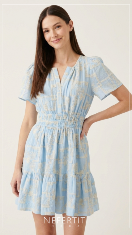 Vestido corto bordado manga corta Celeste Beige D7222