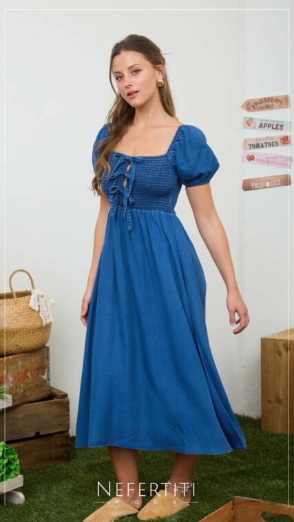 Vestido maxi manga corta con lazos Azul Oscuro D7319