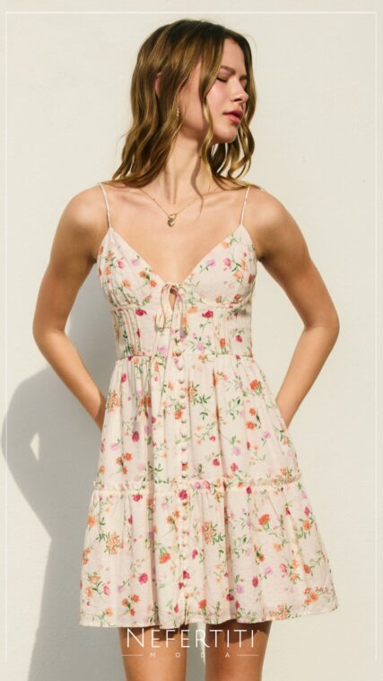 Vestido flores tirantes corto multicolor Beige D7346