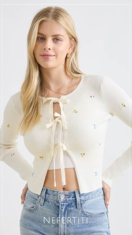 Blusa bordado acanalada lazos Marfil T16701