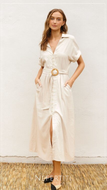 Vestido maxi manga corta botones Beige D7337