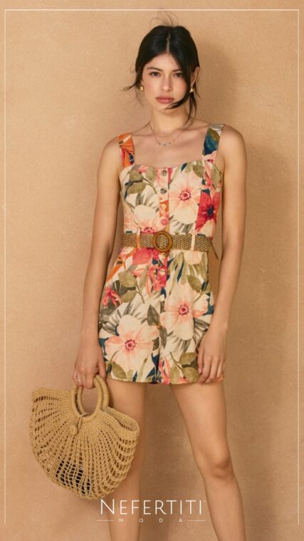 Enterizo corto tirante faja hojas Beige Naranja D7349