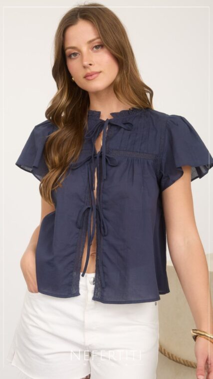 Blusa manga corta lazos encaje Azul Marino T16860