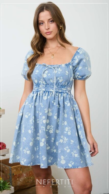 Vestido corto manga corta mezclilla flores Azul D7245