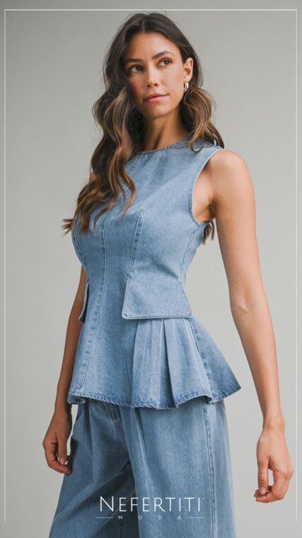 Conjunto blusa peplum mezclilla y pantalon largo D7310