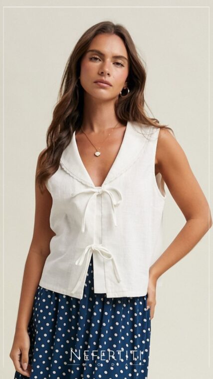 Blusa solapa lazos sin manga Marfil T16683