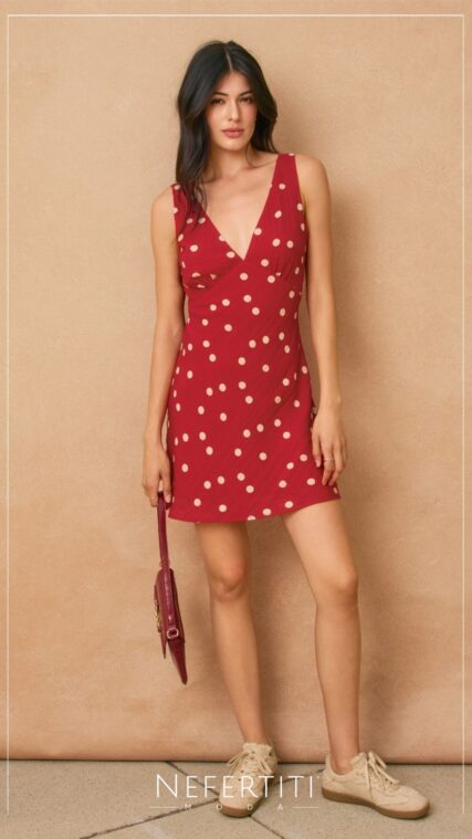 Vestido corto tirante ancho lunares Rojo D7343