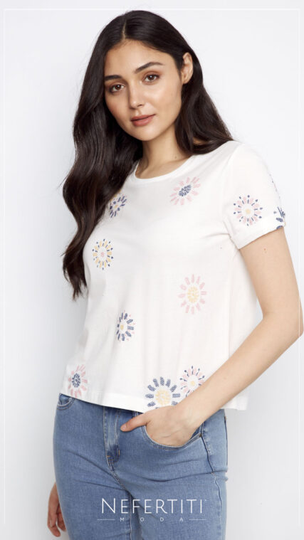 Blusa manga corta margaritas bordado pastel Blanco T16777
