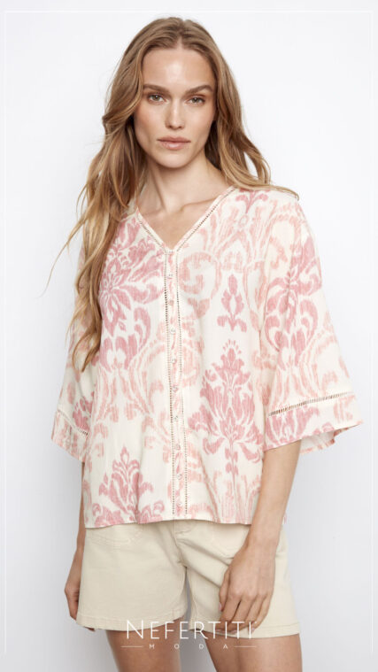 Blusa manga corta estampado Marfil Rosa T16728