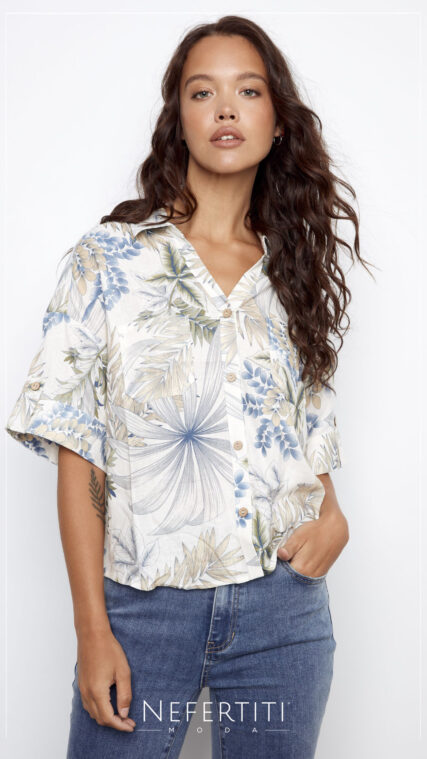 Blusa manga corta botones hojas Blanco Azul Verde T16843