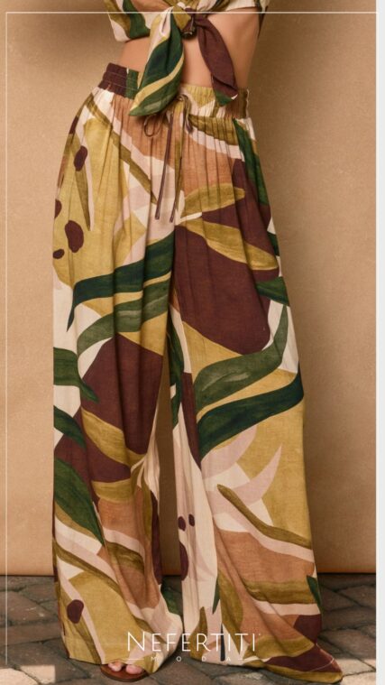 Pantalon largo hojas abstracto Verde Cafe PL5239