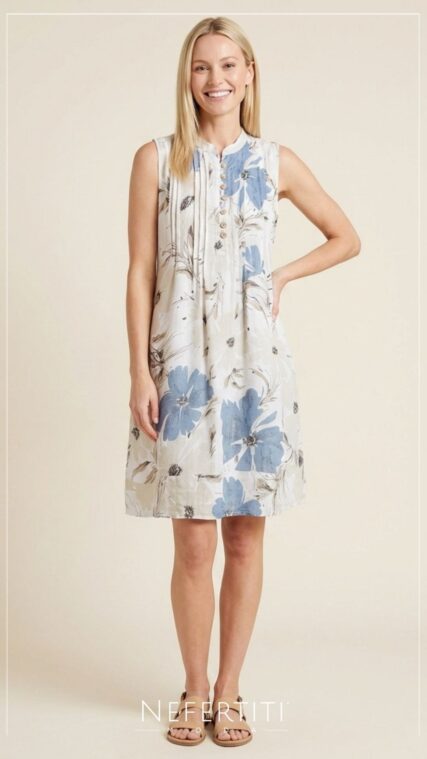 Vestido corto flores botones Azul Beige D7372