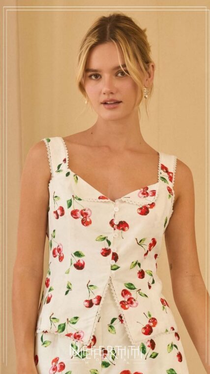 Blusa tirante ancho cerezas Blanco Rojo T16962