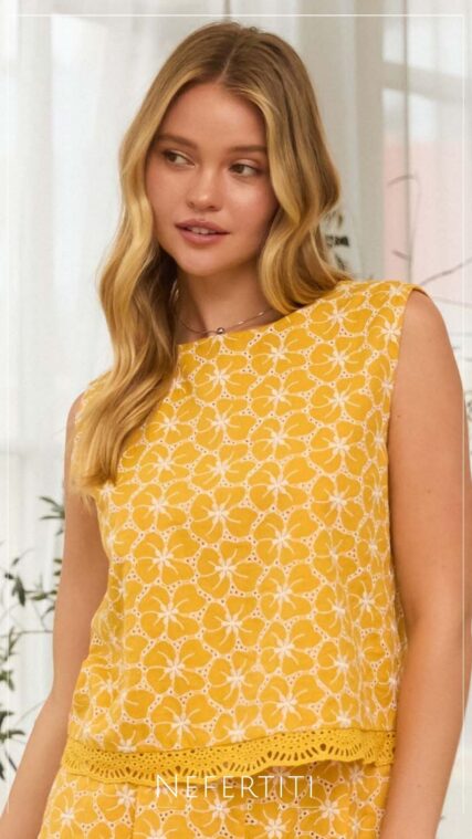 Blusa librete sin manga Mostaza Blanco T16952