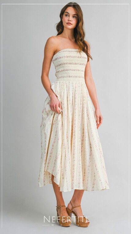 Vestido maxi strapless Florecitas Crema Rosa D7408