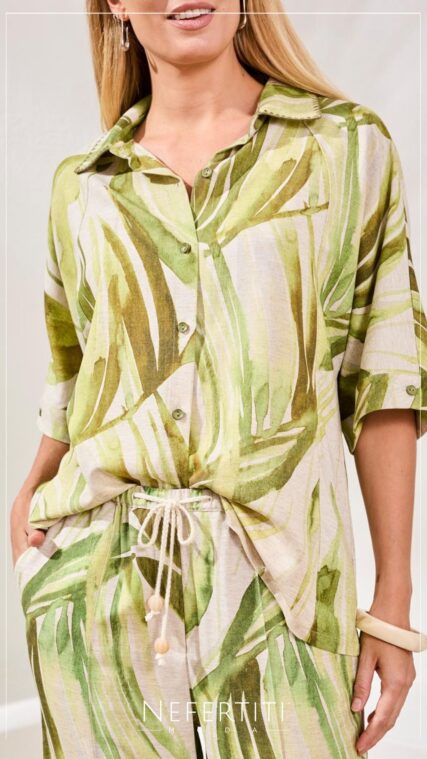 Blusa botones manga corta hojas Verde Beige T16969