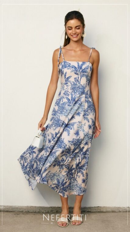 Vestido maxi lazos paisaje playa Azul Blanco D7362