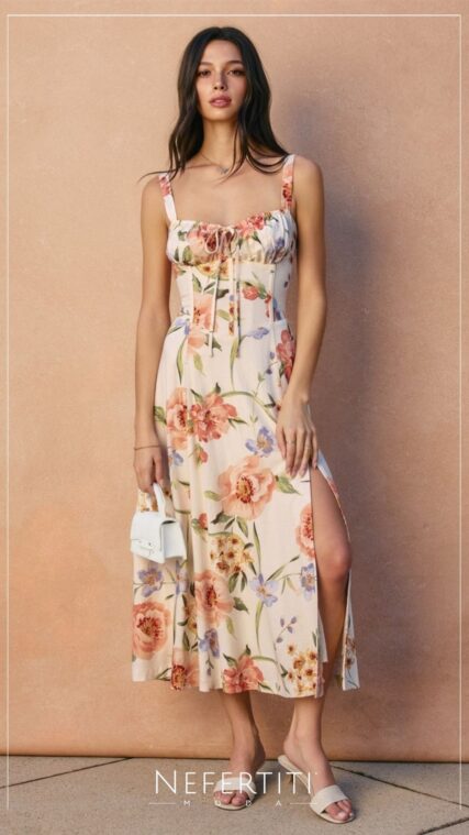 Vestido maxi floral tirante ancho Blanco Rosa D7365