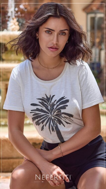 Blusa manga corta Palmera Beige Negro T17015