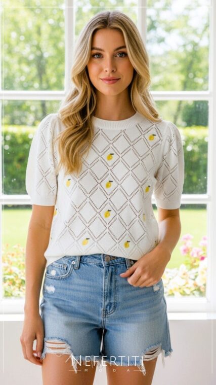 Blusa manga corta tejida limones Blanco T16928