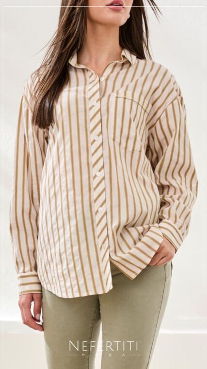 Blusa rayas manga larga Verde Beige T16990