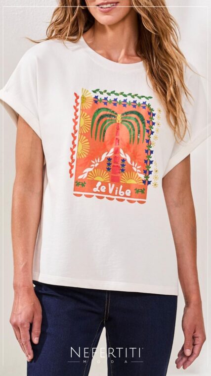 Blusa con palmera Le Vibe Marfil Naranja Verde T16973