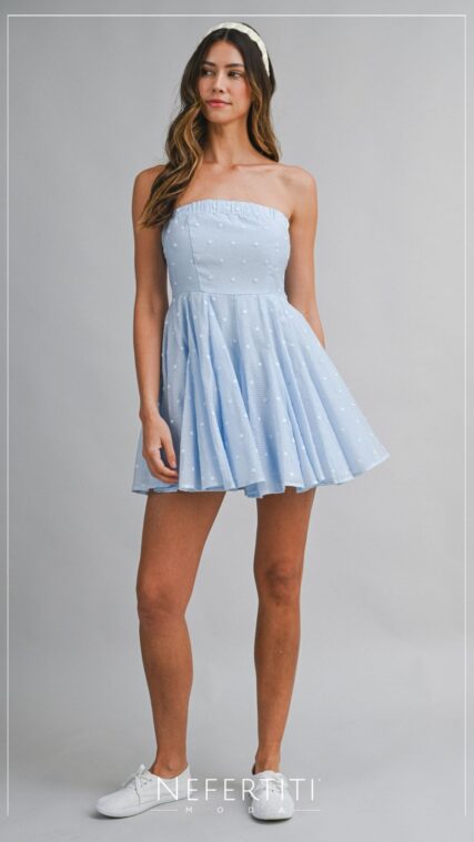Vestido corto strapless puntos Celeste D7359
