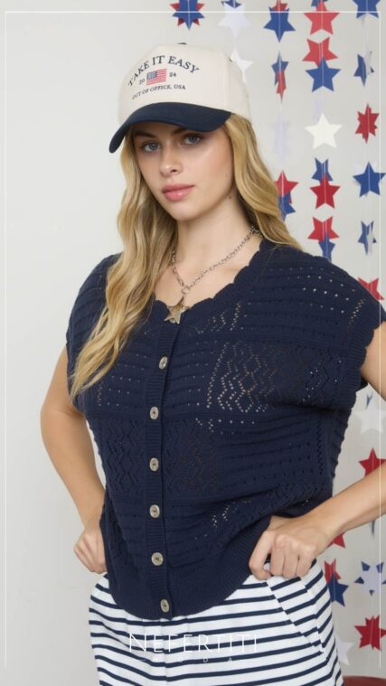 Blusa manga corta tejida botones Azul Marino T17035