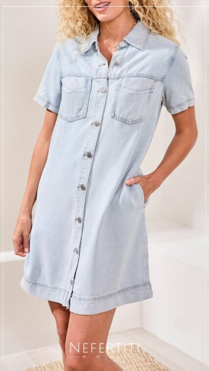 Vestido botones manga corta mezclilla Azul Claro D7398