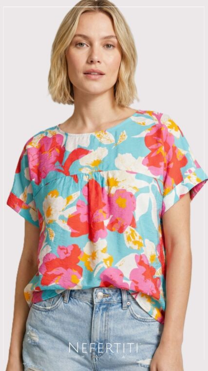 Blusa manga corta flores Menta Tomate T16908