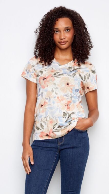 Blusa cuello V flores Celeste Beige Salmon T17054