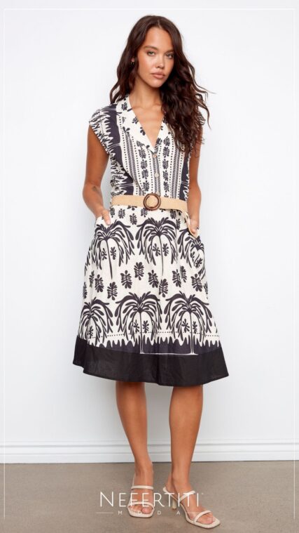 Vestido botones manga corta estampado Beige Negro D7411