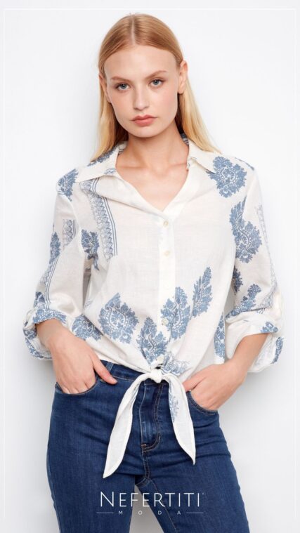 Blusa botones lazo estampado indio Blanco Azul T17011