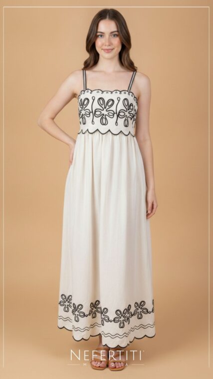 Vestido maxi bordado Crema Negro D7491