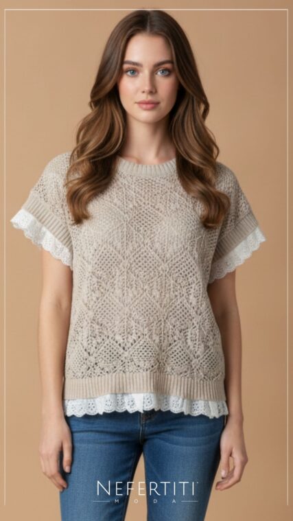 Blusa manga corta con detalle bordado Beige Blanco T17178