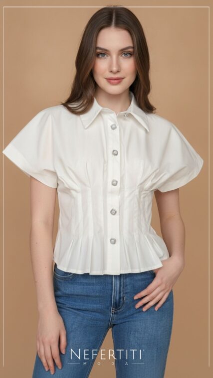Blusa manga corta botones costuras Blanco T17127
